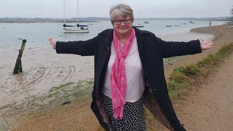 Therese Coffey posed for a picture on the banks of the River Deben in Suffolk