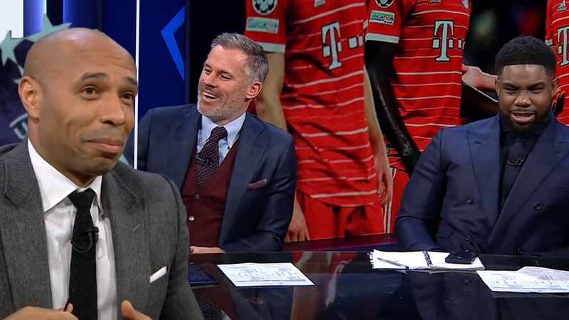 Micah Richards mocked Thierry Henry with an Inbetweeners joke during a live Champions League broadcast (Image: Twitter@https://twitter.com/CBSSportsGolazo/status/1645909659126231042?ref_src=twsrc%5Etfw%7Ctwcamp%)