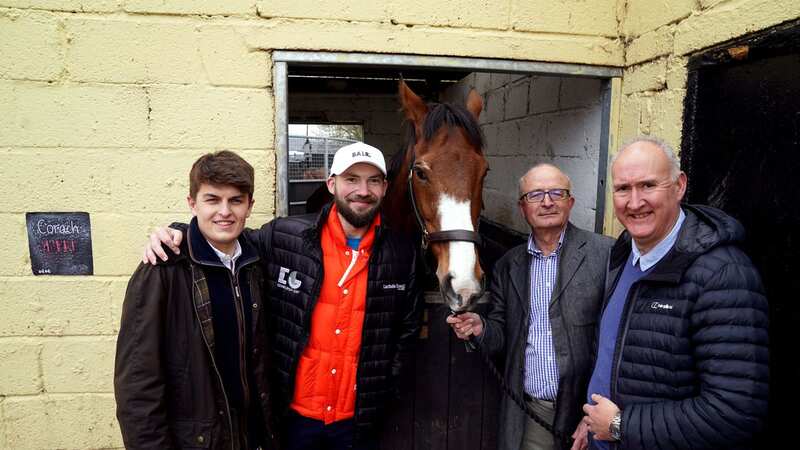 Cameron Sword, Thomas Kendall, Keith Garwood and Gary Scott pictured with Corach Rambler at Lucinda Russell