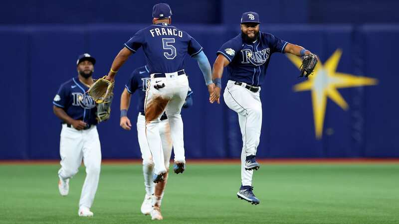 ST. PETERSBURG, FL - APRIL 10: Members of the Tampa Bay Rays celebrate a win over the Boston Red Sox in a baseball game at Tropicana Field on April 10, 2023 in St. Petersburg, Florida. (Photo by Mike Carlson/Getty Images) (Image: Mike Carlson/Getty Images)