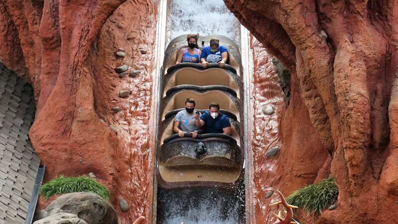 Guests take the plunge on Splash Mountain as they attend the official re-opening day of Magic Kingdon at Disney World, Orlando, post Covid (Image: TNS via Getty Images)