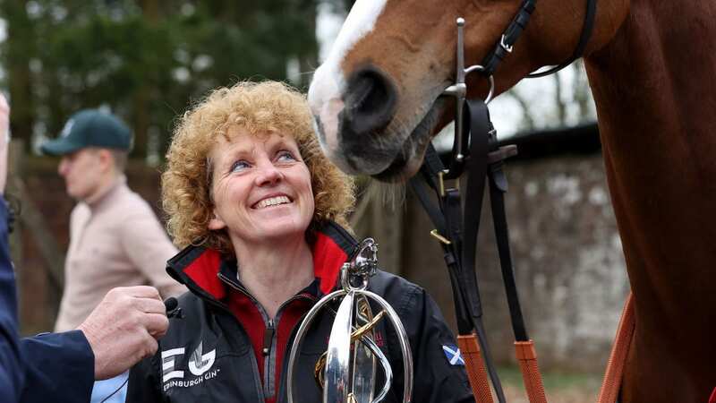 Lucinda Russell and Corach Rambler back at her yard in Scotland on Sunday (Image: PA)