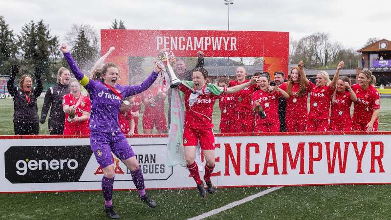 Wrexham celebrate winning the 2022/23 Genero Adran North & South play-off fixture between Wrexham AFC Women & Briton Ferry Llansawel Ladies FC at Latham Park (Image: Pic by John Smith/FAW)