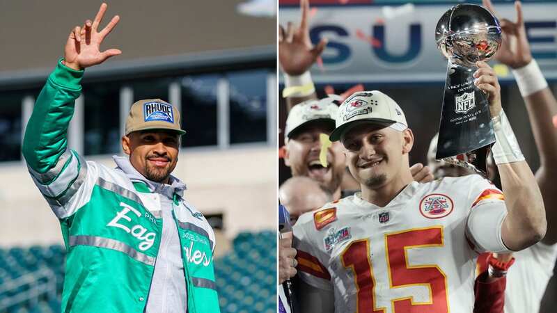 Patrick Mahomes reacts to Jalen Hurts contract by pointing to Super Bowl showing
