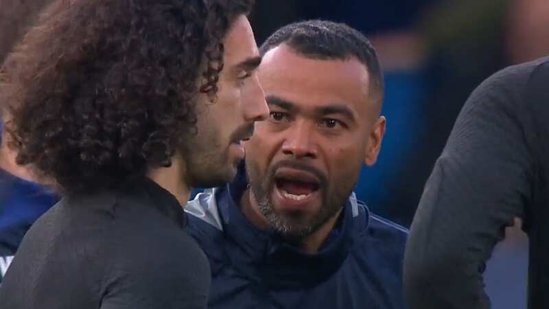 Ashley Cole was spotted punching his hand to emphasise his point (Image: BT Sport)