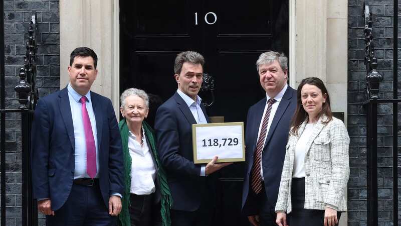 Richard Burgon, Baroness Jones, Tom Brake, Alistair Carmichael and Sarah Green hand in a petition at No 10 (Image: Ian Vogler / Daily Mirror)