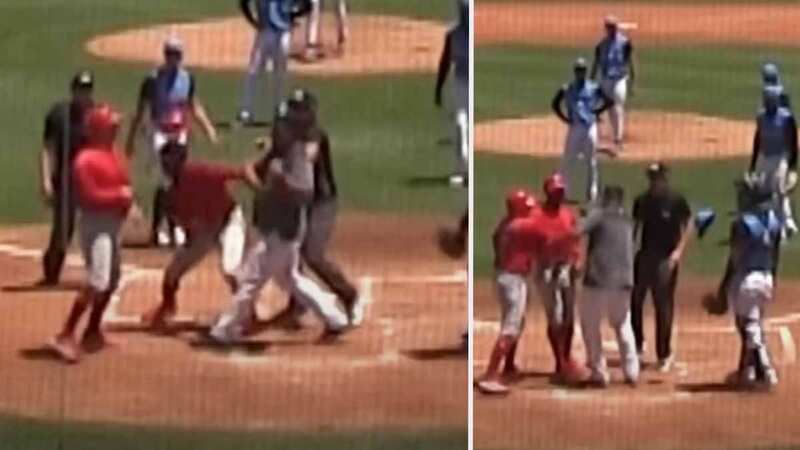 A fight broke out in minor league baseball match between the New York Yankees’ and Philadelphia Phillies’ Single-A affiliates teams (Image: YouTube)