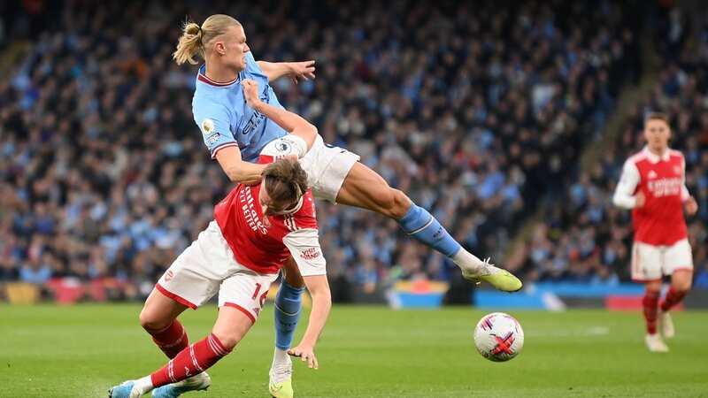 Rob Holding is challenged by Erling Haaland at The Etihad (Image: Getty Images)