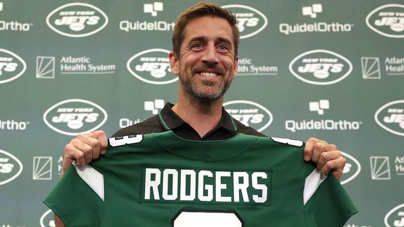 Aaron Rodgers was officially unveiled as a Jets player on Wednesday (Image: Getty)