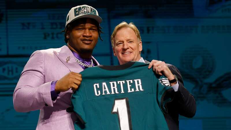Jalen Carter posed with NFL Commissioner Roger Goodell after being selected ninth overall by the Philadelphia Eagles (Image: David Eulitt/Getty Images)
