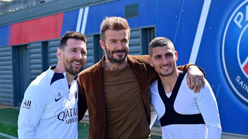 Leo Messi, David Beckham and Marco Verratti pose after a Paris Saint-Germain training session. (Photo by Aurelien Meunier - PSG/PSG via Getty Images)