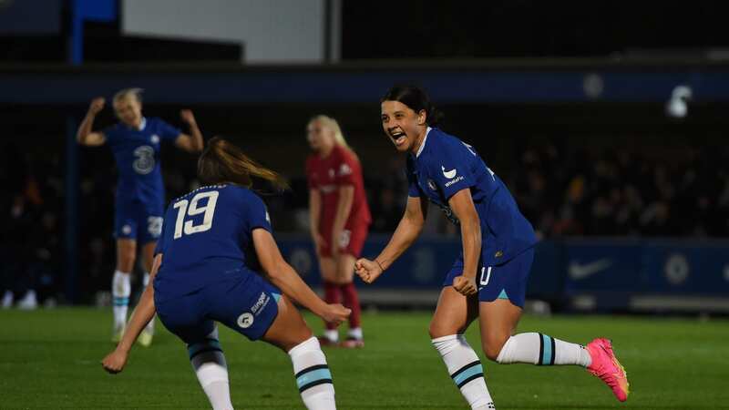 Sam Kerr celebrates after striking a late winner for Chelsea against Liverpool