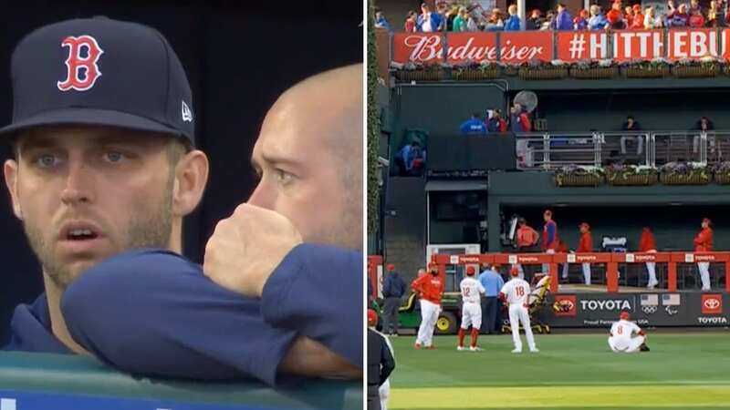 The game was delayed for 10 minutes after a fan fell into the Red Sox bullpen (Image: MLB)