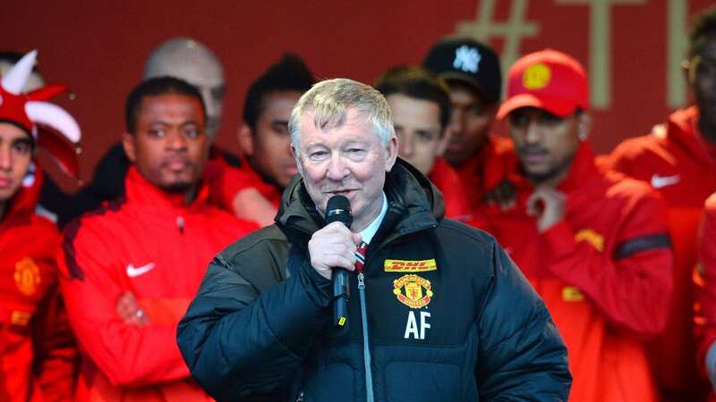 Sir Alex Ferguson addresses the Man Utd fans after his final game in charge (Image: AFP/Getty Images)