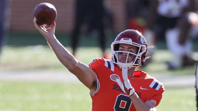 Jake Haener in action in the Senior Bowl in February. (Image: Bobby McDuffie/Icon Sportswire via Getty Images)