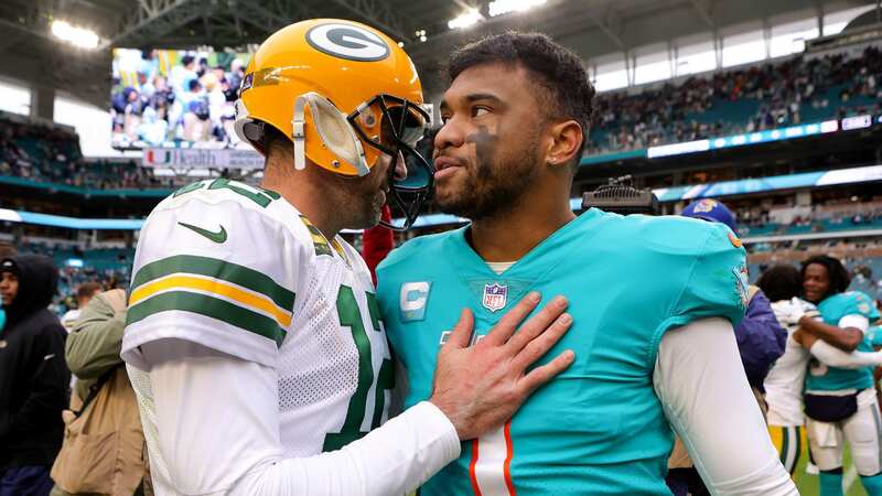 Aaron Rodgers and Tua Tagovailoa do battle again on Black Friday. (Image: Megan Briggs/Getty Images)