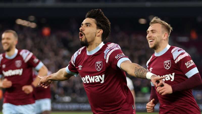 LONDON, ENGLAND - APRIL 26: Lucas Paqueta of West Ham United celebrates after scoring the team