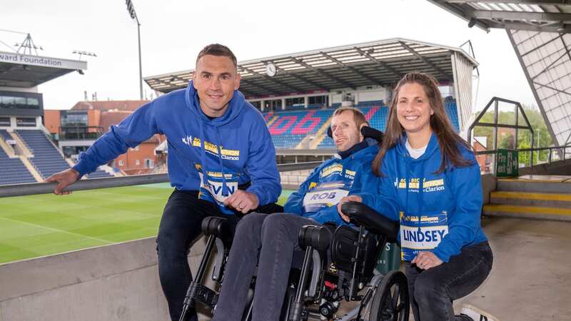 Rob Burrow with his wife Lindsey Burrow (right) and Kevin Sinfield during a media day held at Headingley Stadium ahead of Clarion Rob Burrow Leeds Marathon 2023 (Danny Lawson/PA Wire) (Image: PA)