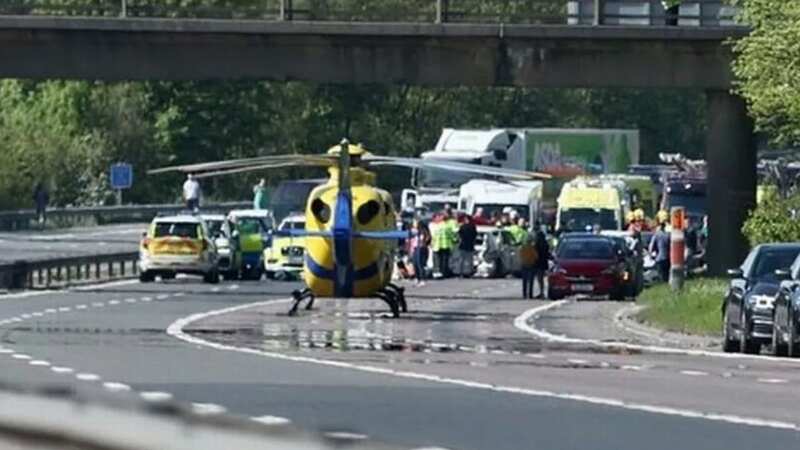 An air ambulance at the scene of the major crash on the M66 (Image: Mark Ferriss/MEN Media)