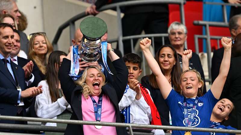 Emma Hayes lifts the FA Cup after Chelsea defeated Manchester United 1-0 at Wembley