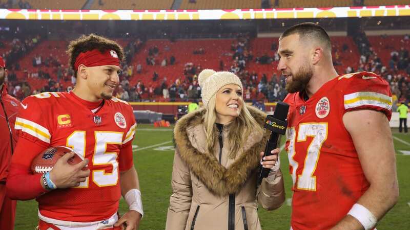 Melissa Stark of NBC Sports interviews Kansas City Chiefs quarterback Patrick Mahomes and tight end Travis Kelce after the playoff win over the Jacksonville Jaguars in January. (Image: Scott Winters/Icon Sportswire via Getty Images)