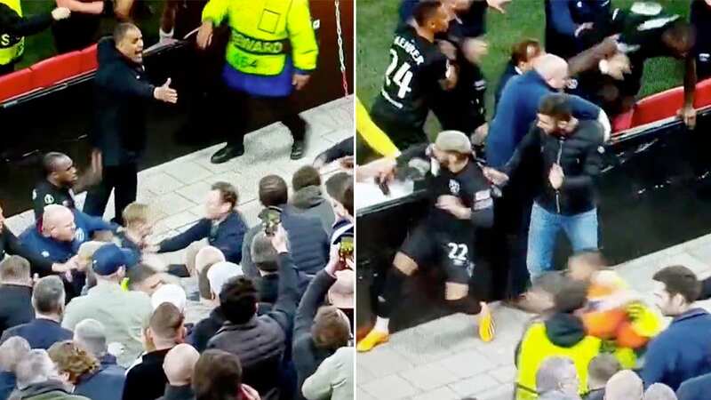 West Ham players clash with hooligans after diving in crowd to protect families
