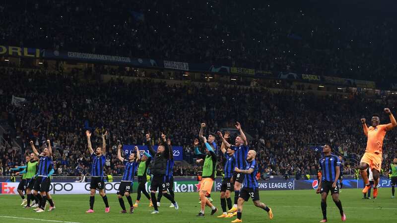 Inter players celebrate their Champions League final progress - without a shirt sponsor (Image: Jonathan Moscrop/Getty Images)
