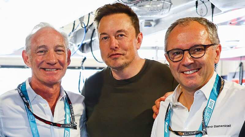 From left, Liberty Media chief executive Greg Maffei, Tesla and Twitter owner Elon Musk, and F1 chief executive Stefano Domenicali (Image: Getty Images)