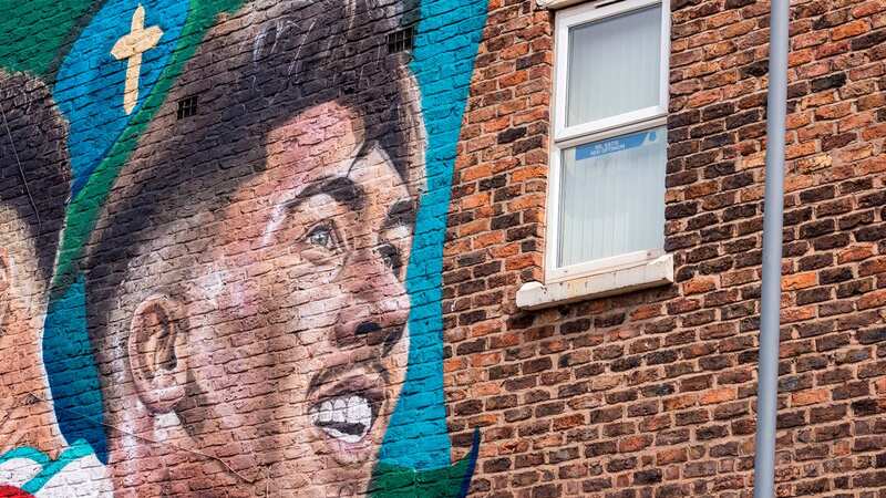 An Everton window sticker on the property featuring a new Roberto Firmino mural on Rockfield Road in Anfield (Image: Liverpool Echo)