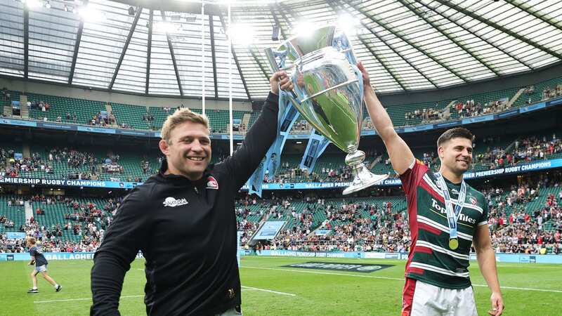 Tom and Ben Youngs hold Premiership trophy aloft at Twickenham after Leicester Tigers won last year