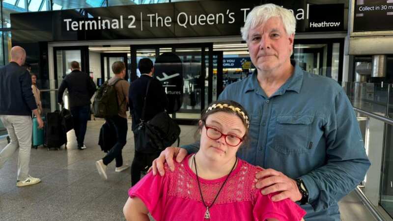 Jim Wheaton, 66, with his daughter Annie at Terminal 2 at Heathrow Airport. Annie missed the rehearsal dinner for a friend