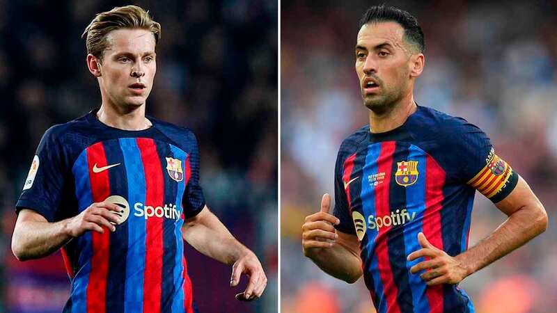 Sergio Busquets and Frenkie de Jong joke together at Barcelona (Image: Getty Images)