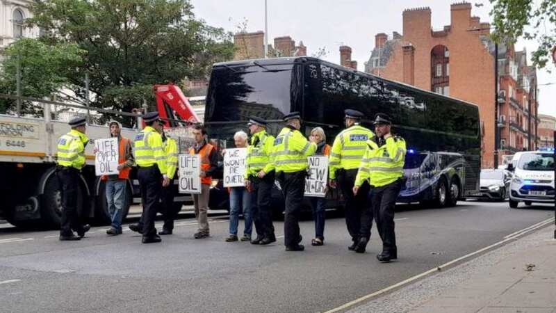 Just Stop Oil ­protestors block England cricket team’s bus this week (Image: Just Stop Oil / SWNS)