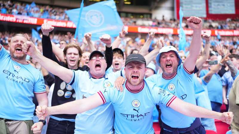 Fans of Manchester City celebrate at Wembley (Image: Manchester City FC via Getty Ima)