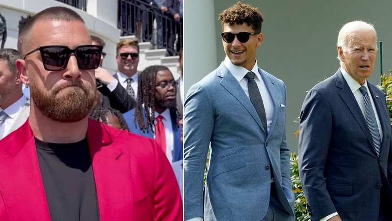 Kansas City Chiefs tight end Travis Kelce and quarterback Patrick Mahomes present US President Joe Biden with a jersey during a celebration at the White House (Image: AFP via Getty Images)
