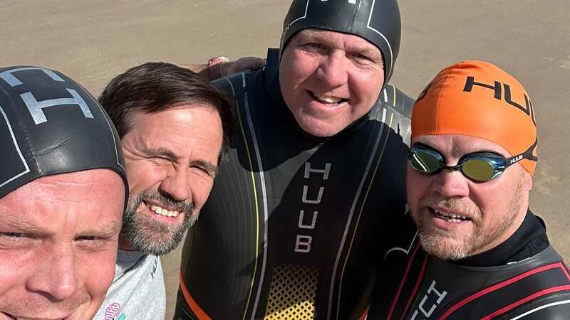 Ex-England stand-off Kevin Brown, former British Lions strength and conditioning coach Craig White, ex-Salford and Wales centre Jason Critchley and ex-Wigan and Great Britain forward Mike Cassidy preparing for The Big Rugby Swim