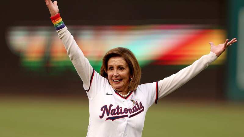 Nancy Pelosi, 83, proved she was made of stronger stuff as she threw the opening ball at their game (Image: Getty Images)