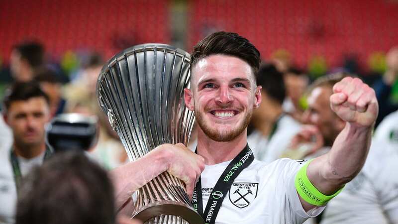 Declan Rice celebrated winning European silverware with West Ham on Wednesday night (Image: Photo by Craig Mercer/MB Media/Getty Images)