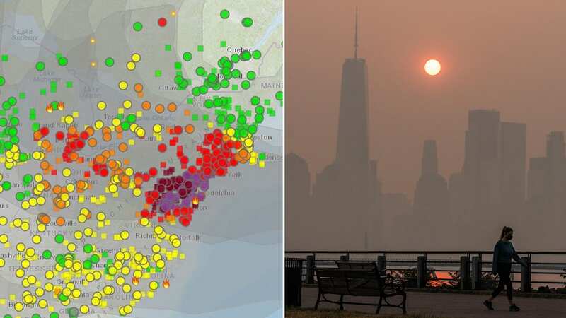 Air quality across the US, New York City Washington DC and Philadelphia are currently at hazardous levels (areas in red and purple).