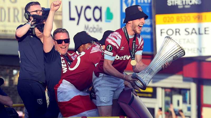 West Ham players celebrate with an open-top bus parade in East London (Image: Getty Images)