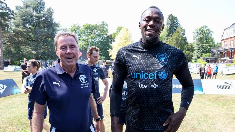 Harry Redknapp and Usain Bolt during a Puma penalty shoot-out for Soccer Aid (Image: ©UNICEF/Soccer Aid Productions/Stella Pictures)