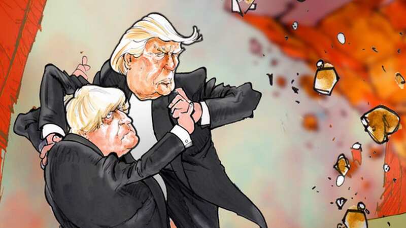 A cartoon representing Boris Johnson and Donald Trump dancing together