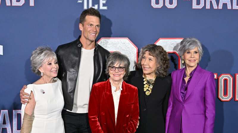 Tom Brady with the cast of 80 For Brady. (Image: Axelle/Bauer-Griffin/FilmMagic)
