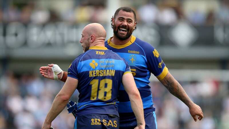 David Fifita celebrates with Wakefield Trinity team-mate Lee Kershaw after helping them beat Leeds - their first win of the season and in his first game back at Belle Vue after coming out of semi-retirement (Image: PA)