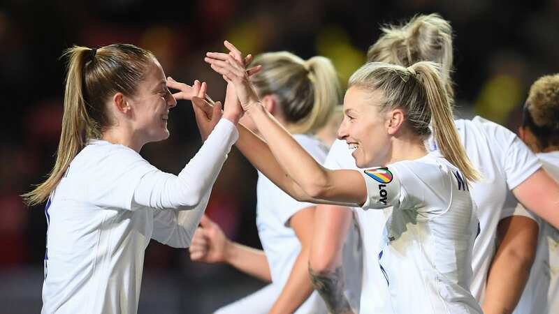 Leah Williamson of England celebrates with teammate Keira Walsh after making it 2-0 (Image: Getty Images)