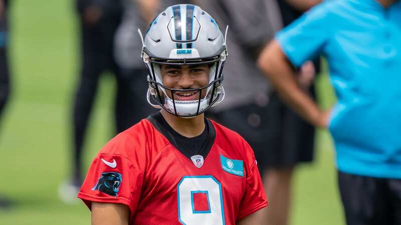 Carolina Panthers QB Bryce Young works through a drill during practice.