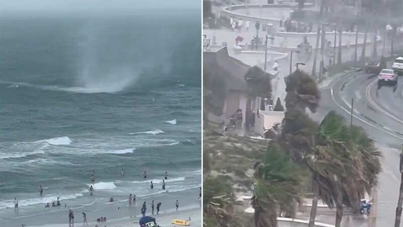 Terrifying moment beachgoers flee as out of control waterspout heads to shore