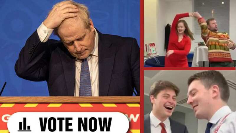 Boris Johnson during a coronavirus media briefing in Downing Street in January 2022. Pictured top right are Jack Smith and Malin Bogue dancing around Conservative HQ during lockdown. Bottom right shows Tory aide Ben Mallett, right, at the party. (Image: AP)