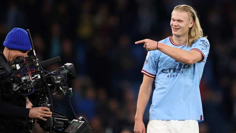 Erling Haaland of Manchester City points at the television camera (Image: Getty Images)