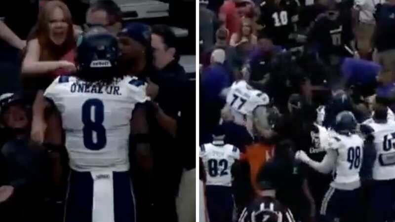 Massachusetts Pirates players had to be calmed down as the Indoor Football League match saw tensions spill over (Image: Twitter / @CamCox12)